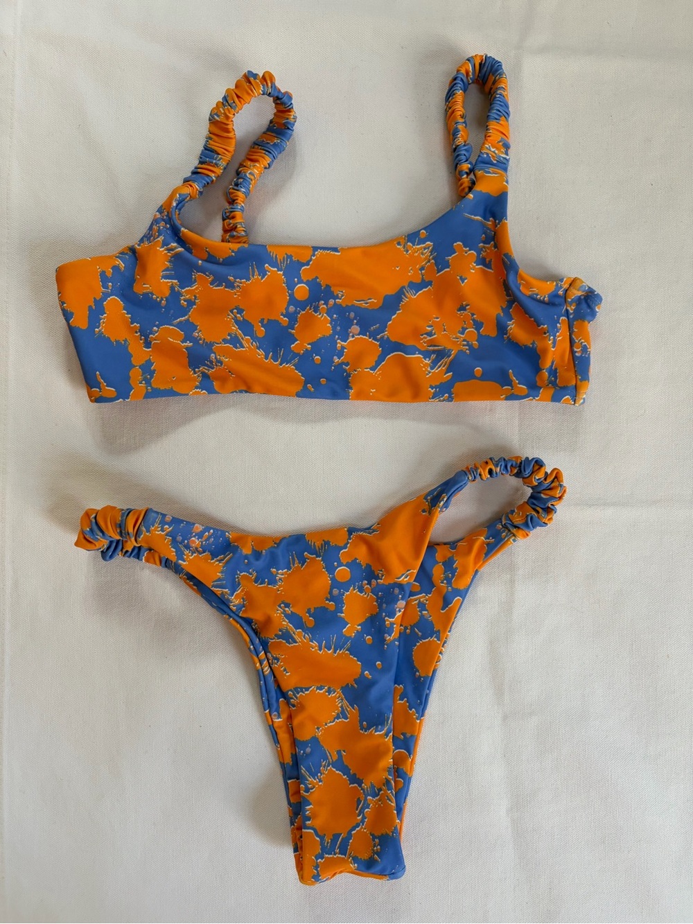 Zaful Swim Bikini Set Orange Blue Paint Splatter Print Rouched Straps Small